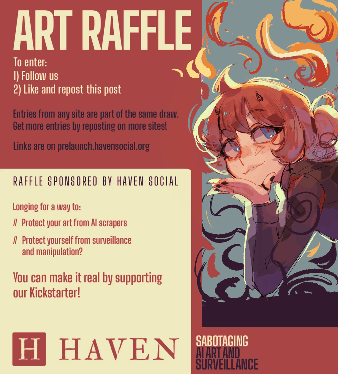 HavenSocial_app's tweet photo. Want to help us sabotage invasive AI? Enter our raffle to win a free commission from @bluebescuits! You can learn more about our project to make it easy to protect yourself from AI scrapers &amp; surveillance in the interview below, or by checking out https://t.co/jvKcWy2Wyy https://t.co/HIMrS6YswA