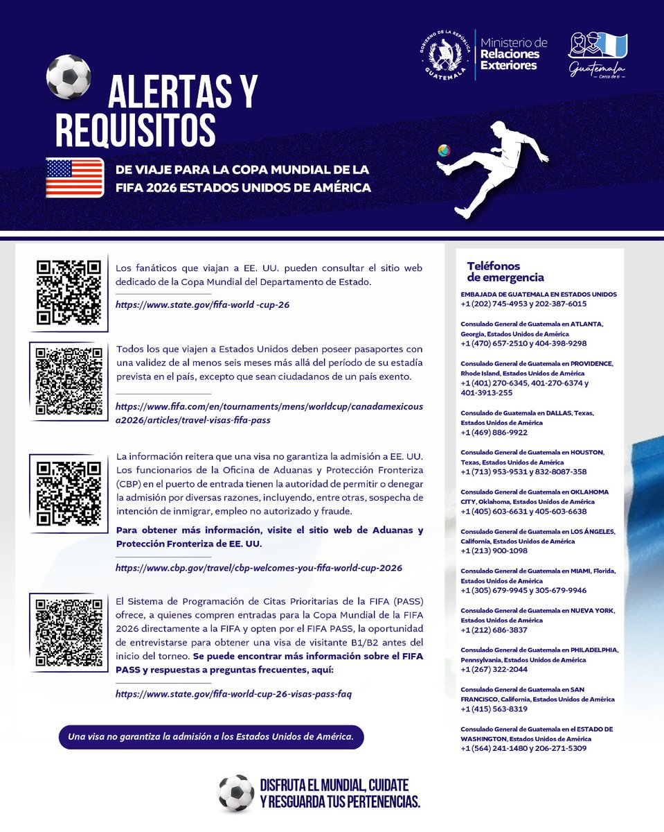 MinexGt's tweet photo. 🇺🇸🏟️ El Mundial FIFA 2026 se acerca y si tu destino es Estados Unidos, prepárate con anticipación.

Mantén tus documentos en regla, consulta únicamente fuentes oficiales y ten siempre a mano los contactos de emergencia consular. 📲🛂

El Ministerio de Relaciones Exteriores comparte información importante para que tu experiencia sea más segura durante este evento internacional. ⚽✈️

#GuatemalaCercaDeTi🇬🇹 #Mundial2026 #EstadosUnidos2026 #DiplomaciaDeportivaGT ⚽