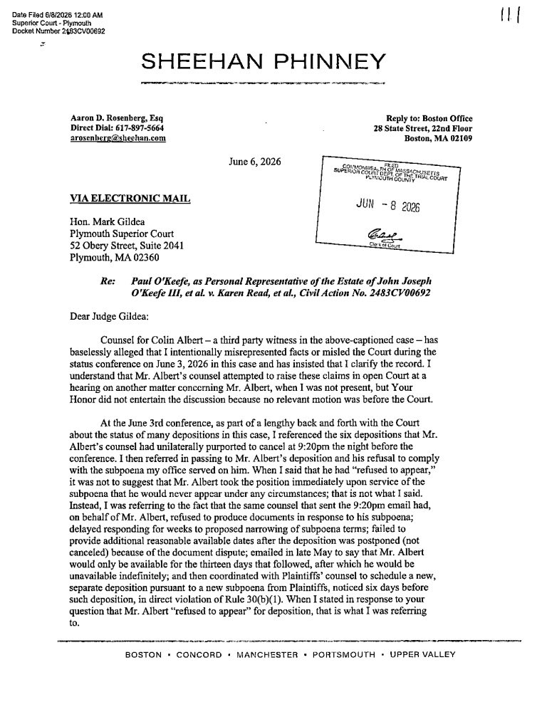 factsdontlie10's tweet photo. Letter from Karen Reads attorneys to the court regarding Colin Albert obstructing justice. 

Karen’s team says they are waiting for Colin Albert’s opposition before filing a motion to compel. 

Let’s gooooo. https://t.co/1jwtIf7EgU