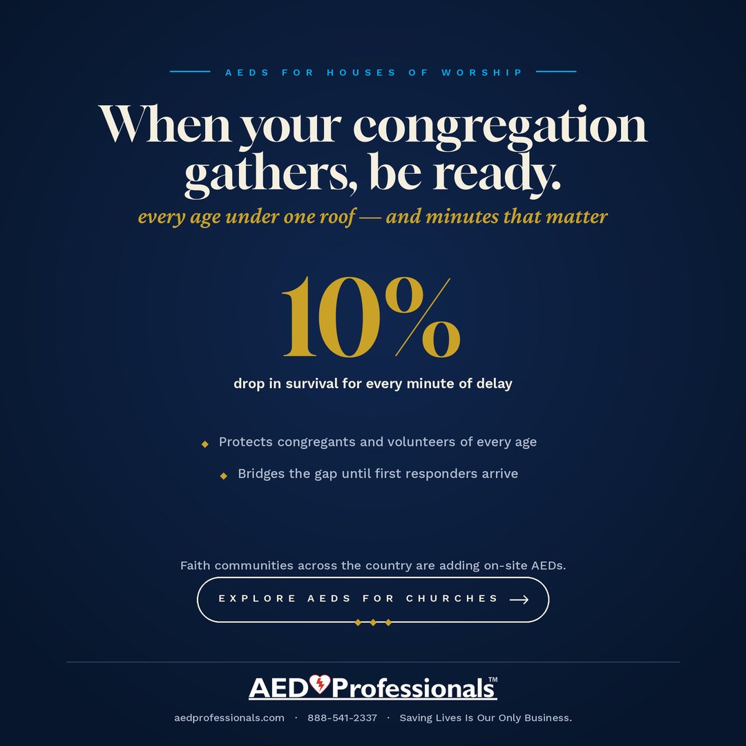 GenMedDevices's tweet photo. When your congregation gathers, be ready. An on-site AED protects every generation under your roof. Explore AEDs for houses of worship → https://t.co/ye1BzaTekj

#ChurchSafety #HousesOfWorship #AED #CommunitySafety #AEDProfessionals #safety https://t.co/vfHL6VX2WY