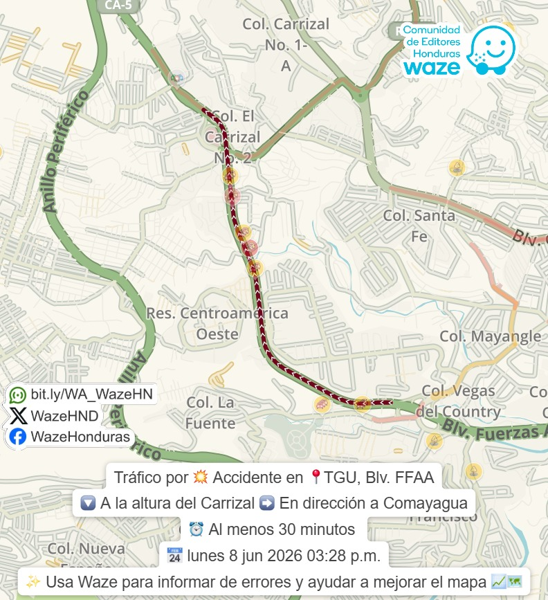 WazeHND's tweet photo. #Tráfico por 💥 #Accidente en 📍#TGU, Blv. FFAA
🔽 A la altura del Carrizal ➡️ En dirección a #Comayagua
✨ Usa #Waze para #informar de errores y #ayudar a mejorar el #mapa 📈🗺️
👉 Síguenos en redes sociales https://t.co/IAM8rj0Tep https://t.co/f3HpucCIgS