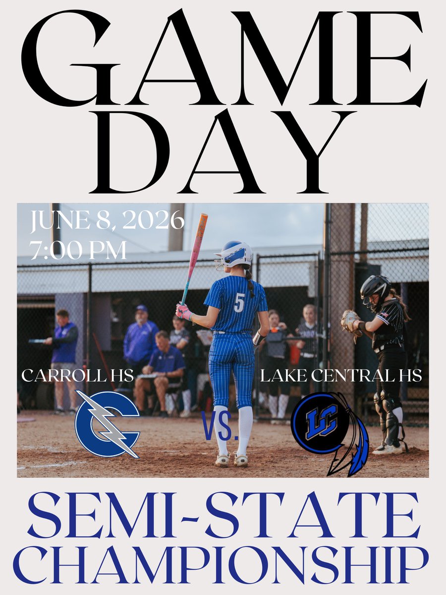 CarrollSoftball's tweet photo. 🚨Championship Game Day🚨
⏰: 7:00 PM
🥎: Carroll High School / Lake Central High School 
📍: Kokomo High School 
🌡️: 77, ⛅️
📺: Charger Sports Network will be broadcasting 
https://t.co/dr2nuYXv4n 

#championship #chargersoftball🥎 #fuelthefire🔥 https://t.co/71JJeMoipS