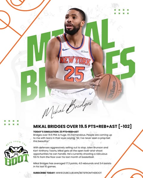 betsfromtheboot's tweet photo. NBA FINALS GAME 3 - KNICKS VS SPURS
DONALD J TRUMP himself has given me his PLAYER PROP lock for tonight!

Bridges over 19.5 PRA is huge. It’s tremendous. People are coming up to me with tears in their eyes saying, "Sir, I've never seen a prop bet this beautiful." https://t.co/Ic0hPmCIFN