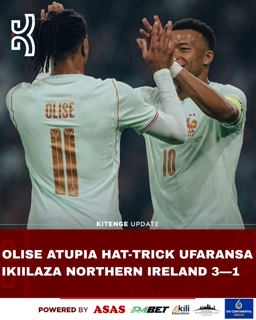 mshambuliaji's tweet photo. Michael Olise amefunga magoli matatu 'hat-trick' wakati timu ya Taifa ya Ufaransa ikiibuka na ushindi wa 3-1 dhidi ya Ireland ya Kaskazini kwenye mchezo wa kirafiki katika dimba la Decathlon Arena, Lille.

FT: France 3-1 Northern Ireland
⚽ 43' Olise
⚽ 49' Olise
⚽ 75' Olise
⚽ 64' Kelly

#KitengeSports