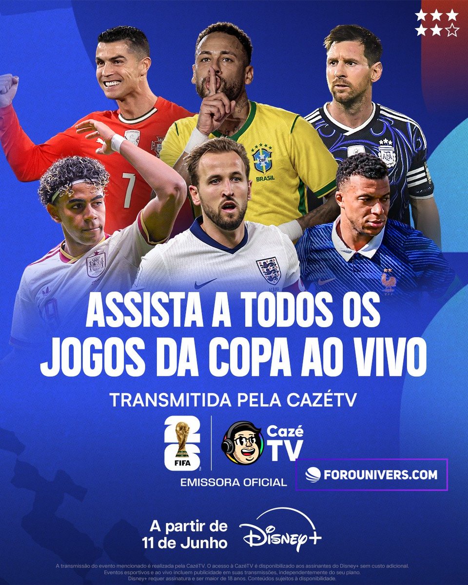 UNIVERSBrasil's tweet photo. 🇧🇷 Por meio de uma parceria com a CazéTV, o Disney+ disponibilizará a transmissão completa da Copa do Mundo de 2026 no Brasil, exibindo todos os 104 jogos da competição. 📲

CazéTV também levará todas as partidas ao público de forma gratuita, em seu canal oficial no YouTube. 💻 https://t.co/Gf8NTCHydE