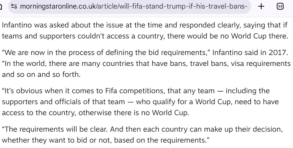 JDNalton's tweet photo. A reminder that Infantino said in 2017 that all qualified teams, their fans and officials, need to have access to a host country, otherwise it can't host. There are already numerous (predictable) US visa issues with the World Cup about to kick off and likely more to come. https://t.co/UdKBdjPzTF