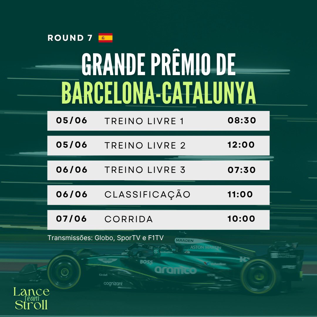 TeamLanceStroll's tweet photo. 🇪🇸 | A nossa próxima parada é na Espanha, no GP Barcelona-Catalunya! 

Confiram abaixo os horários do final de semana.

#BarcelonaGP #F1 https://t.co/h5WBcdvezr