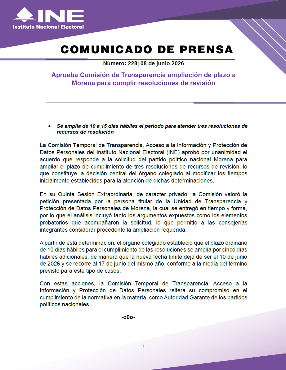 INEMexico's tweet photo. #BoletínINE 📄 | Aprueba Comisión de Transparencia ampliación de plazo a Morena para cumplir resoluciones de revisión. 

🔗 Más información en el enlace 👇

https://t.co/gMnmQdmO2t https://t.co/65ov5pbw6N