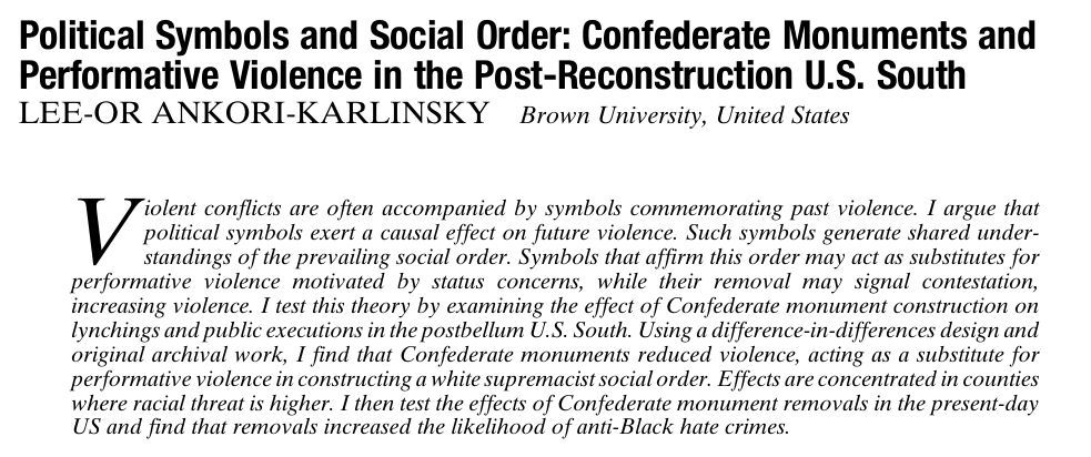 apsrjournal's tweet photo. From our May Issue: Political Symbols and Social Order: Confederate Monuments and Performative Violence in the Post-Reconstruction U.S. South by LEE-OR ANKORI-KARLINSKY https://t.co/4zTDG06Umu https://t.co/ZwwgYrI4KD