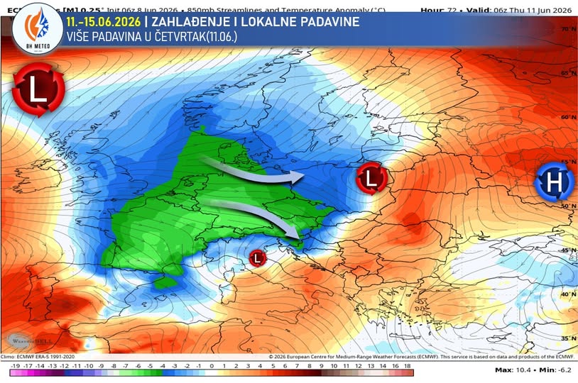 bosnia_news_'s tweet photo. توقعات الطقس: غيوم وأمطار وانخفاض في درجات الحرارة  

 في #البوسنة والهرسك يكون الطقس يومي الثلاثاء (9 يونيو) والأربعاء (10 يونيو) طقس دافئ وحار ومشمس مع احتمال هطول أمطار متفرقة بعد الظهر. 

خلال ليلة الأربعاء إلى الخميس (11 يونيو)، سيطرأ تغير على الطقس مع ازدياد الغيوم من الشمال مصحوبة بهطول أمطار وهبوب رياح باردة وعواصف رعدية وستشهد معظم أنحاء البلاد انخفاضًا ملحوظًا في درجات الحرارة وستزداد البرودة قليلًا ابتداءً من يوم الجمعة.

ويومي السبت والأحد (13-14 يونيو) يتوقع هطول أمطار أقل وسيكون الطقس مشمسًا في الغالب.