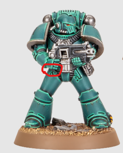 Chainsword40k's tweet photo. My take is that the artwork is just photos of miniatures with AI used to add backgrounds and effects. Since the six-fingered Marine in question resembles this particular model, I think the AI interpreted a small details as a sixth finger, and nobody caught it before publishing. The point is that GW is full of shit.