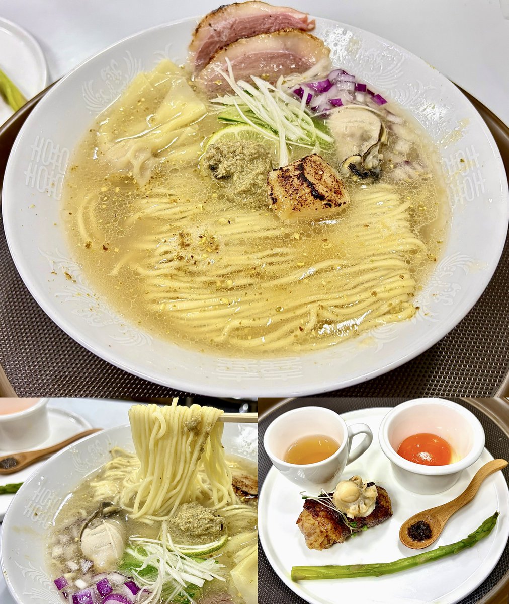 horumonnao1's tweet photo. Tokyo Style Noodle ほたて日和🐚☀️
『極み帆立と京鴨と牡蠣の山椒塩そば』
北海道猿払村産の最高級の帆立を贅沢に使用したスープ🍜じんわりと染み渡るようなコクと甘み☺️山椒の柑橘のような爽やかな香りとピリッとした上品な痺れ💥極上のスープの輪郭をさらに際立つ🙆🏻肉巻きおにぎり🥩🍙濃厚な黄身とトリュフソース🍄旨いやろ🤤あれ？盛り付け忘れが😂わかる人～🙋‍♀️笑｡おいしかったからおけ👌｡まʓ〇｡