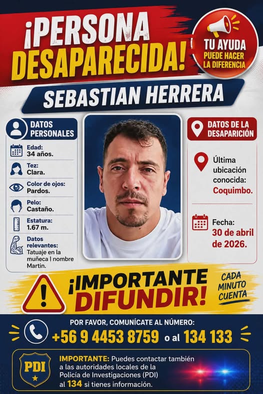LaQuintaValpo's tweet photo. Se busca: Sebastián Herrera, desaparecido desde el 30 de abril 2026. Último contacto con la familia fue desde #Coquimbo
@Personaschile @ExtraviadosCh #Valparaiso https://t.co/b847xfxQLA