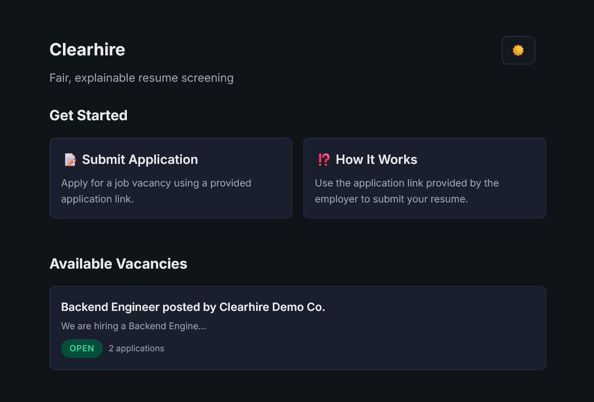dev_omaFrank's tweet photo. My friend pulled an all-nighter manually vetting CVs to send interview emails by morning.

That pain inspired ClearHire, an AI that screens, scores and ranks candidates the moment they apply.

No more late nights for HR Managers. Interested? 
DM me OR Drop a comment.👇 https://t.co/w26X2sUjnr
