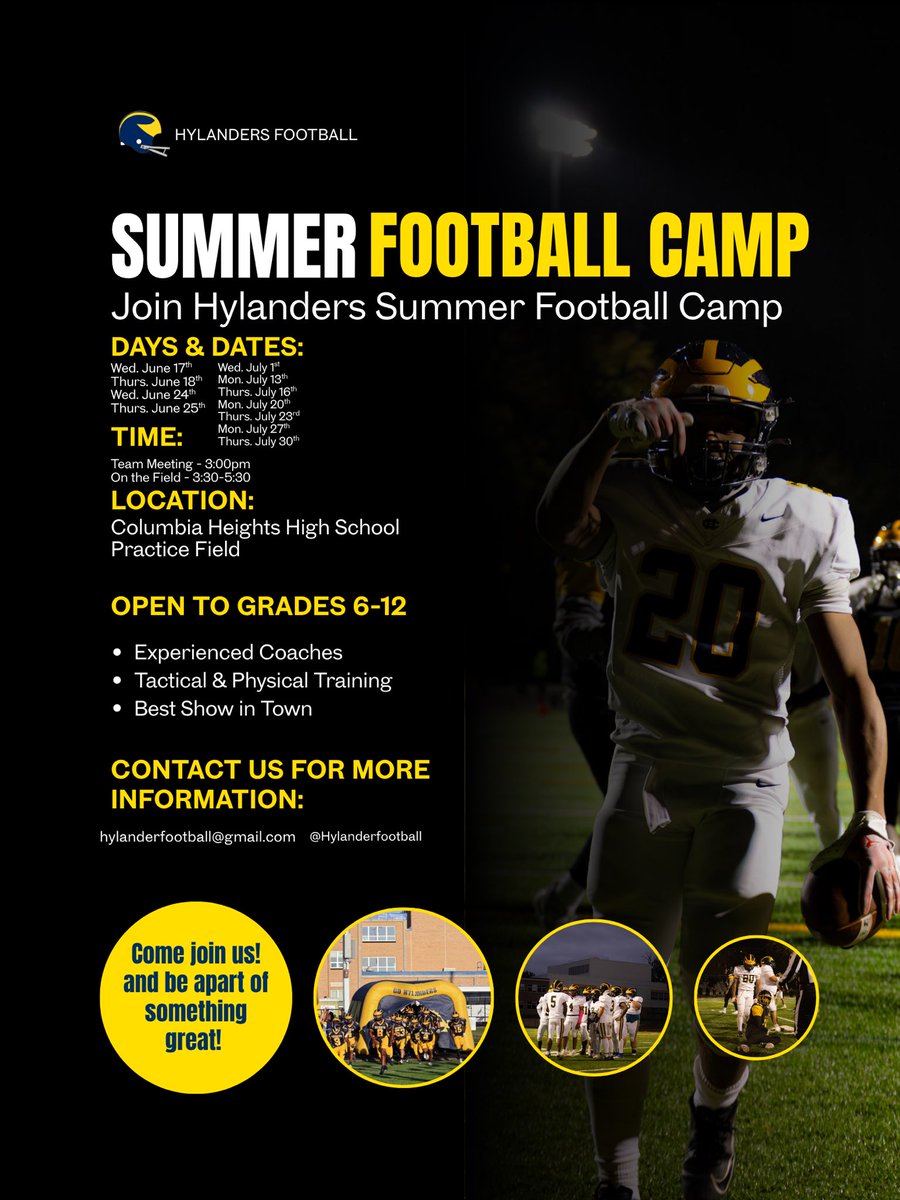 HylandersFTBL's tweet photo. Summer Football Camp! Includes days, date, time, and location! Make sure to keep following on how we do these upcoming summer months on putting in hard work and dedication! Let's Go Hylanders! #HylanderPride 

@Birr_man1 @PrepRedzoneMN @OJW_Scouting @ProMNAthletics https://t.co/gavPqTTLaU