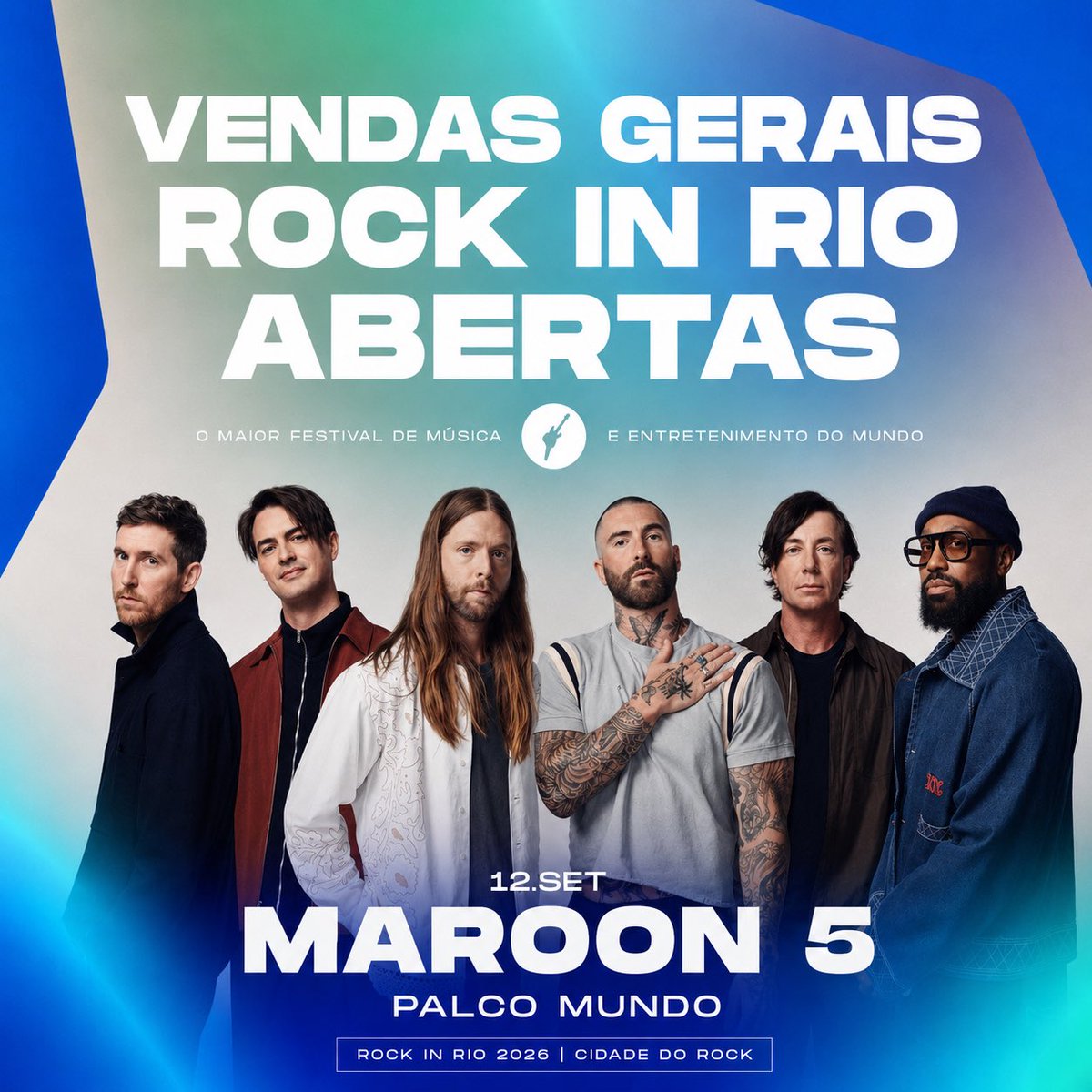 LevineBrasil's tweet photo. 🚨 É AGORA! 🚨

As vendas gerais para o Rock in Rio 2026 estão oficialmente abertas!
No dia 12 de setembro, o Maroon 5 sobe ao Palco Mundo para mais uma apresentação histórica no festival.

Quem a gente encontra em setembro na cidade do Rock? 🤘🏻 https://t.co/WY7br71kPY
