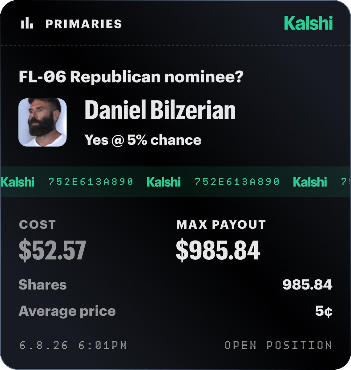 MoeBireir's tweet photo. Dan to Florida 06

Hey! I just made a prediction on Kalshi. Think you'd call it differently? Try it here: https://t.co/l7GFczaFpj https://t.co/ghb9MO2gSc