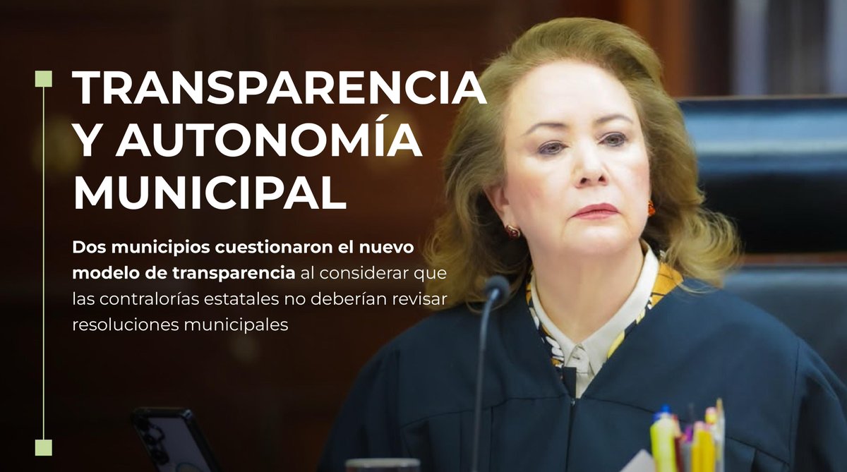 YasminEsquivel_'s tweet photo. En la Sesión del Pleno de la #SCJN analizamos controversias relacionadas con el nuevo modelo institucional de transparencia y acceso a la información pública.

Los asuntos plantearon si las funciones de revisión atribuidas a las contralorías estatales son compatibles con la autonomía municipal, una cuestión relevante para la implementación del sistema que sustituyó a los organismos garantes autónomos.

Asimismo, se discutió un asunto vinculado con devoluciones de saldo a favor del IVA, respecto del cual el Pleno determinó su improcedencia.

La definición de competencias entre autoridades y el adecuado funcionamiento de los mecanismos de garantía de derechos son elementos fundamentales para fortalecer la seguridad jurídica y el Estado de Derecho.

#MinistraYasmínEsquivel #JusticiaDePuertasAbiertas