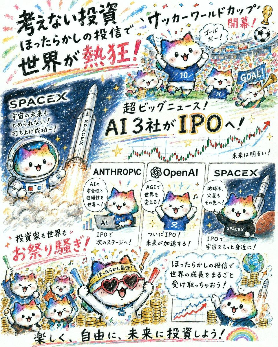 orimoto_'s tweet photo. 今の気持ちを絵にしてもらったらめっちゃかわいいのが出来たよ🥰
サッカーワールドカップと
スペースX、アンソロピック、Open AIの3社のIPOにめっちゃ盛り上がってる雰囲気を描いてもらった🤣 https://t.co/9OOxbeGxO5