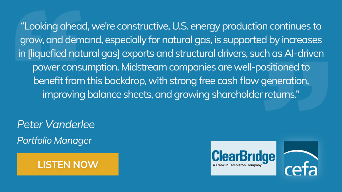 CEFAssociation's tweet photo. As investors focus on AI, the infrastructure required to power it warrants a closer look. 🔍

ClearBridge Investments' Peter Vanderlee discusses how growing power demand, rising LNG exports, and continued U.S. energy production are shaping the outlook for energy midstream companies—and the potential opportunity in $EMO.  

Listen or read: https://t.co/rjbTGpyBxG