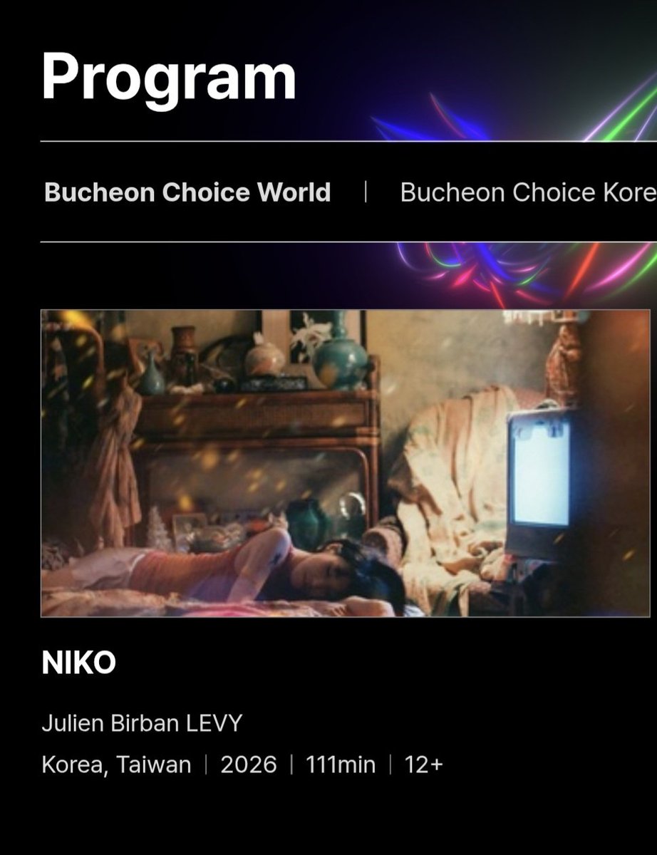 TiffanyProjects's tweet photo. 30th BIFAN Film Fest screening list
Bucheon Choice International Feature

(World Premiere) NIKO starring Tiffany Young
Duration : 111mins
Rating : 12+

Schedule to be announced on June 17 Wed at 3pm KST
https://t.co/vrMGr3Ksom

#TiffanyYoung #티파니영 #티파니 #young1 
#니코 #NIKO #TiffanyYoungxNIKO