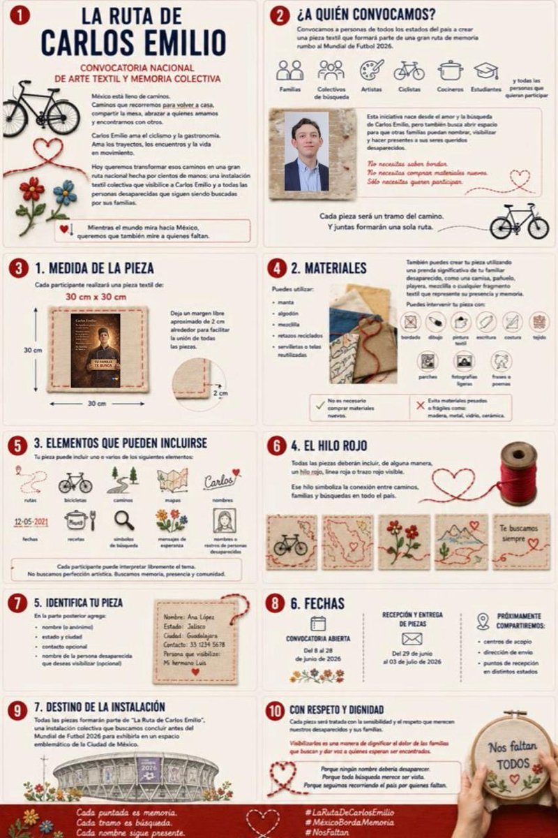 BrendaValgil's tweet photo. LA RUTA DE CARLOS EMILIO
Convocatoria nacional de arte textil y memoria colectiva

México está lleno de caminos.Caminos que recorremos para volver a casa, compartir la mesa, abrazar a quienes amamos y encontrarnos con otros.

Pero también existen caminos suspendidos.Mesas con lugares vacíos.Bicicletas detenidas.Habitaciones intactas.Nombres que siguen siendo llamados todos los días.

Carlos Emilio ama el ciclismo y la gastronomía. Ama los trayectos, los encuentros y la vida en movimiento.

Hoy queremos transformar esos caminos en una gran ruta nacional hecha por cientos de manos: una instalación textil colectiva que visibilice a Carlos Emilio y a todas las personas desaparecidas que siguen siendo buscadas y esperadas por sus familias.

Convocamos a madres, padres, hermanas, hermanos, hijas, hijos, colectivos de búsqueda, artistas, ciclistas, cocineros, estudiantes y personas de todos los estados del país a crear una pieza textil que formará parte de una gran ruta de memoria rumbo al Mundial de Futbol 2026.

Mientras el mundo mira hacia México, queremos que también mire a quienes faltan.

Esta iniciativa nace desde el amor y la búsqueda de Carlos Emilio, pero también quiere abrazar y acompañar a otras familias que siguen recorriendo el país con una fotografía en las manos y una esperanza intacta en el corazón.

Queremos construir una ruta donde todos sus nombres sigan presentes.

No necesitas saber https://t.co/DHS4udMf6K necesitas hacer algo https://t.co/1IQzy2UZKN necesitas comprar materiales nuevos.

Sólo necesitas querer hacer visible una historia, una ausencia, una búsqueda o un amor que sigue resistiendo.

Cada pieza será un tramo del camino.Cada puntada será memoria.Y juntas formarán una sola ruta.

#LaRutaDeCarlosEmilio
#MéxicoBordaMemoria
#NosFaltan