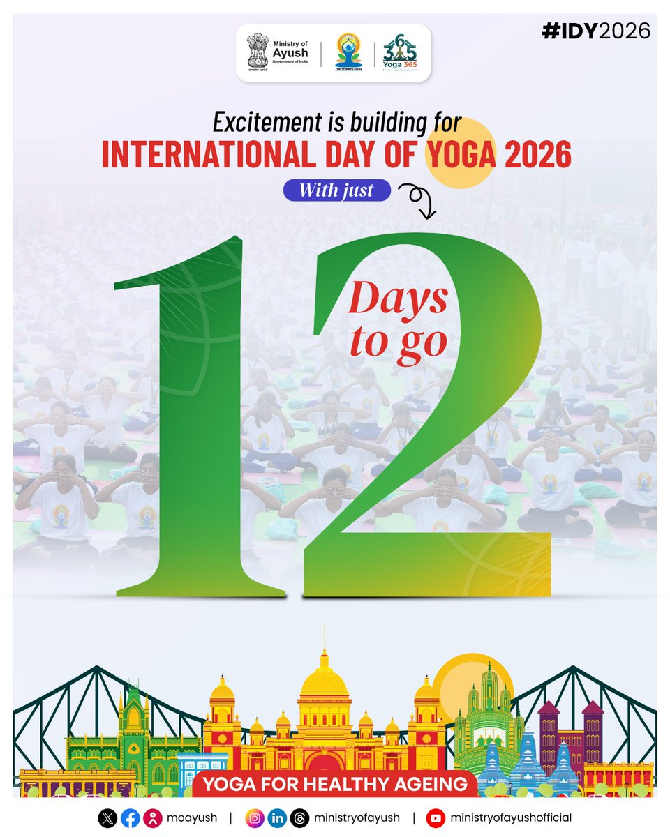 moayush's tweet photo. Mark your calendars.

There are only 12 days left until the International Day of Yoga 2026. Join the Ministry of Ayush in highlighting the profound, lifelong benefits of practice with this year's focus: Yoga for Healthy Ageing. Start preparing today for a healthier tomorrow.

#IDY2026  #YogaForHealthyAgeing  #IDY #InternationalDayOfYoga2026 #Yoga365  #InternationalDayOfYoga 

@PMOIndia | @narendramodi | @mpprataprao | @secymoayush | @vaidyakotecha | @WHO | @mdniy | @ccrhindia | @CCRAS_MoAyush | @DirectorCcryn | @AIIA_NDelhi | @WHO | @nmpb1 | @NIAJaipur | @ccrschennai | @nischennai |@PIB_India | @PIBAYUSH | @DDNewslive | @sansad_tv |  @AIRNewsHindi | @mygovindia | @MyGovHindi |