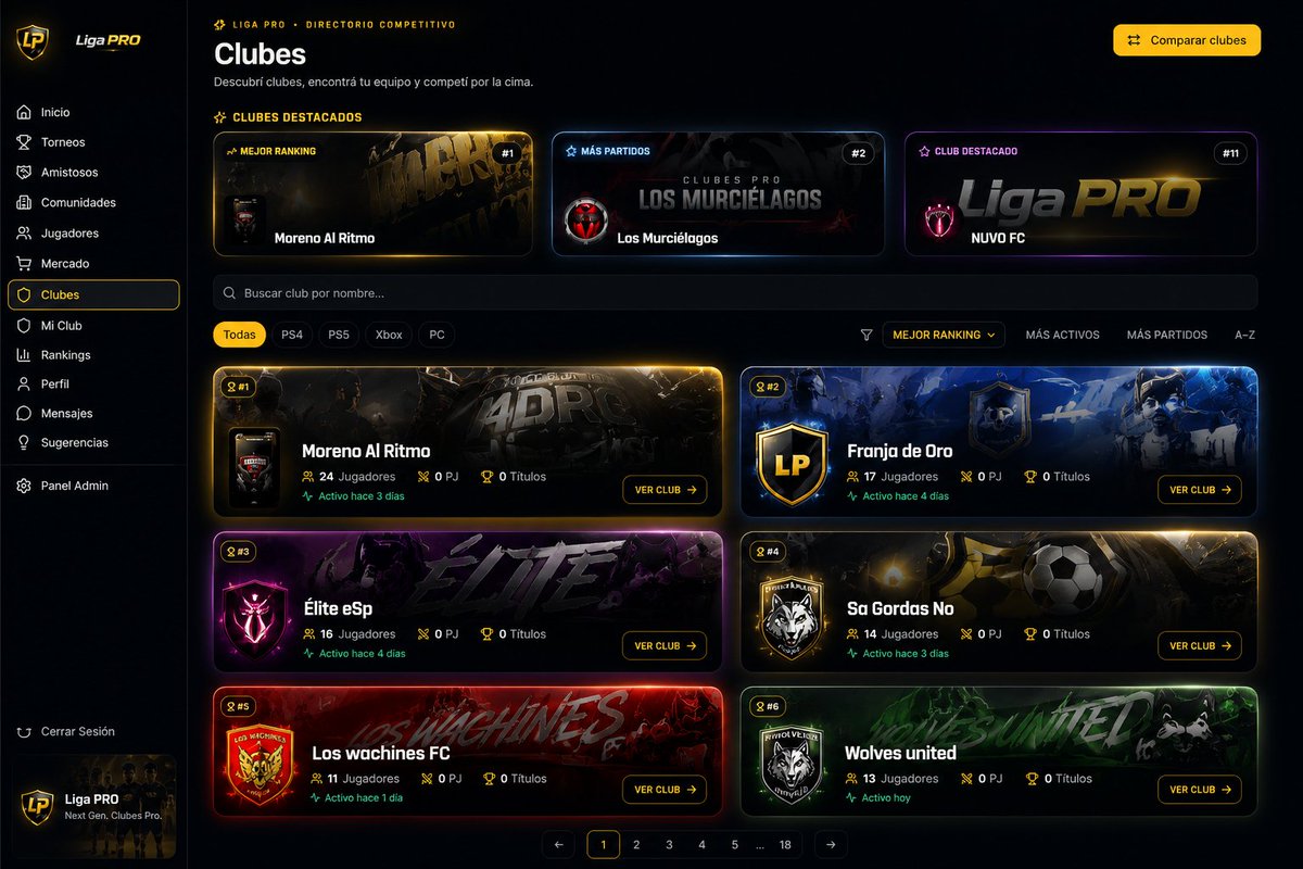 xLigaPRO's tweet photo. 🚀 Nuevo rediseño de la sección Clubes en LigaPRO.

Ahora los clubes tienen más protagonismo visual, mejor identidad y una experiencia mucho más moderna.

Seguimos construyendo herramientas para la comunidad de Clubes Pro 💪

🌐 https://t.co/yFBMxAnwrI https://t.co/QU2WnyULYH