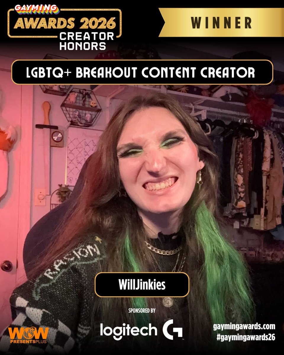 gaymingmag's tweet photo. Talk about having the best year ever. 👑

The LGBTQ+ Breakout Creator of the Year award, sponsored by @LogitechG, officially goes to @MXJinkies! A massive congratulations on an absolute whirlwind of a year. 🏆💥 #GaymingAwards26 https://t.co/pbGLDcq3R3
