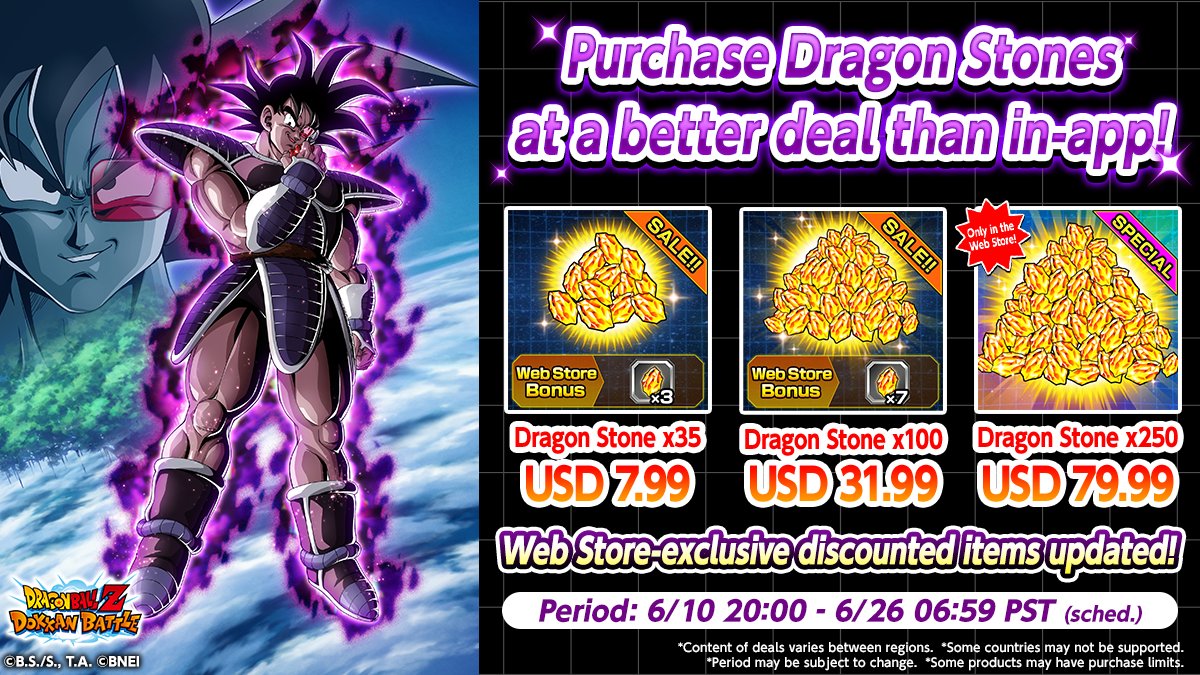 dokkan_global's tweet photo. ✨Web Store Sale Items Update!✨

Dragon Stones are on sale for a limited time!
Don't miss this chance!

Period: Until 6/26/2026 06:59 PST (sched.)

▼Check the Web Store here
https://t.co/TLYcs3wcvW

#dokkanbattle #dragonball https://t.co/GzikIhLnfY