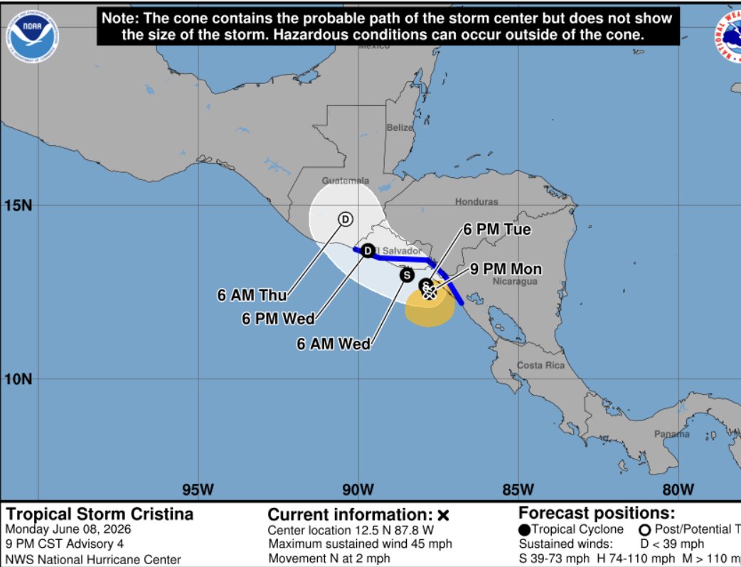 MOISESURBINA's tweet photo. Nueva trayectoria de Cristina ...
Mas lenta y con ingreso a SLV, como depresión el Miércoles por la tarde .....
Pero .... estará barriendo la costa desde mañana Martes... https://t.co/cHKqTFXKEy
