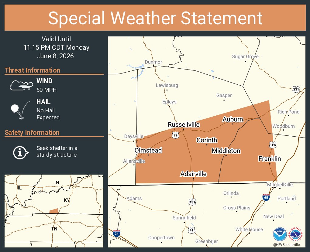 NWSLouisville's tweet photo. A special weather statement has been issued for Franklin KY, Russellville KY and  Auburn KY until 11:15 PM CDT https://t.co/vojOQ6M5n6