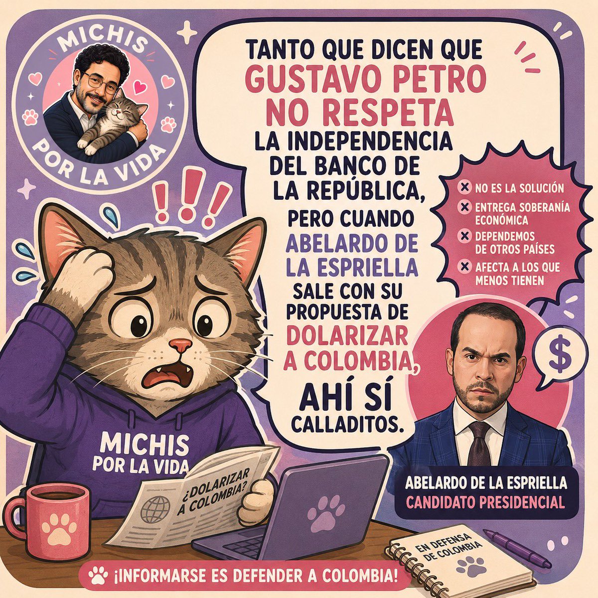 MichisPorLaVida's tweet photo. 🫣🫣 el tigre de papel siempre son sus propuestas tan vacías de tecnicismo. Muy “firme por la patria” pero le encanta vendérsela a los gringos. 

DOLARIZAR la economía nos pondría a depender de Estados Unidos sobre nuestra propia moneda. Eso sí que es vender la patria. Eso sí que es desestabilizarnos. Eso SÍ ES VOLVERNOS COMO VENEZUELA 🫣🫣

Abelardo de la Espriella sería una catástrofe para la economía colombiana. Los Michis lo advertimos 👀 y soldado advertido no muere en guerra

OJO AHÍ MIS MICHIS 👀👀

#MeLaJuegoPorLaVida #MichisPorLaVida #ConCepedaGanaColombia 🔥🫰✊🤗🫂🇨🇴