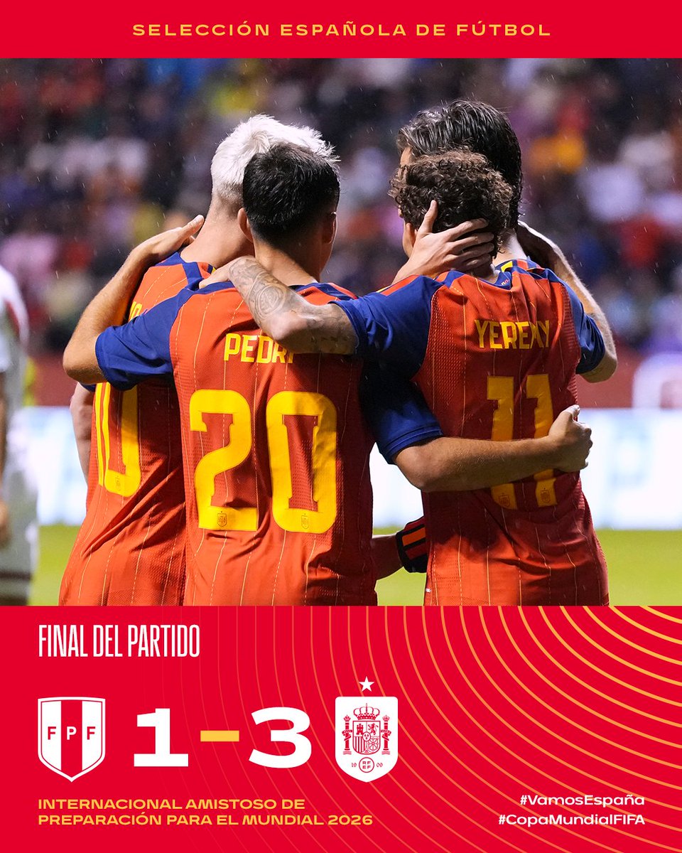 SEFutbol's tweet photo. 🏁 ¡¡FINAL DEL PARTIDO EN MÉXICO!!

Victoria de la @SEFutbol en el último test antes del debut mundialista.

🇵🇪 🆚 🇪🇸 | 1-3 | 90+3’

#VamosEspaña | #CopaMundialFIFA https://t.co/ZNDTqXPEkf