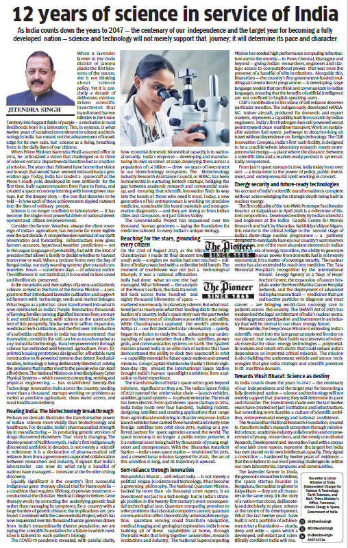 DrJitendraSingh's tweet photo. My Article in “The Pioneer”: "12 Years of Science in Service of India".

To coincide with June 9, the day when Modi 3.0 completes two years in office, and cumulative twelve years without break.
   
#12YearsofSeva 

Read:
https://t.co/kF2f37aWU2 https://t.co/emrg4sKjbZ
