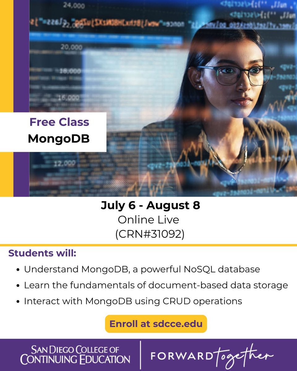 SDCCEEDU's tweet photo. Join our Information Architecture class (CRN#31092), held online live, to learn the fundamentals of MongoDB, a powerful NoSQL database! 💻  Build skills in document-based data storage, CRUD operations, and more.

#SDCCE #MongoDB #NoSQL #WebDevelopment #CareerEducation https://t.co/8RDQfSw0kB