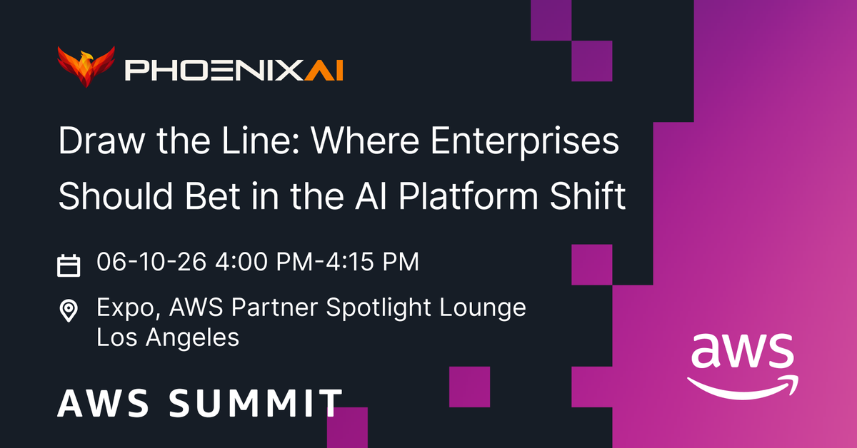 phoenixdataai's tweet photo. 🕺 Heading to AWS Summit Los Angeles on June 10?

Find us on the Expo floor and catch our president Rick Underwood at the AWS Partner Spotlight Stage, discussing where enterprises should bet in the AI platform shift.

 👉 🎟️ https://t.co/4XP05tOuBO https://t.co/w1GFJxCLjV