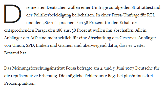 PeterBorbe's tweet photo. Jetzt wollen sie uns endgültig verarschen: In einer Forsa-Umfrage für RTL und den „Stern“ sprachen sich angeblich 58 Prozent für den Erhalt des Paragrafen 188 aus, also der Majestätsbeleidigung für Politiker.
Das lässt nur 2 Möglichkeiten zu: Entweder die ganze Umfrage ist ein Fake oder die Deutschen sind einfach nur dafür geschaffen, in autokratischen Strukturen zu leben, in denen man sich der herrschenden Klasse zu beugen hat.
Was erzählen sie uns als Nächstes - dass die Mehrheit der Deutschen Wahlen für überflüssig hält?

Glaubt Ihr dieser Umfrage?
https://t.co/592S05uWwn