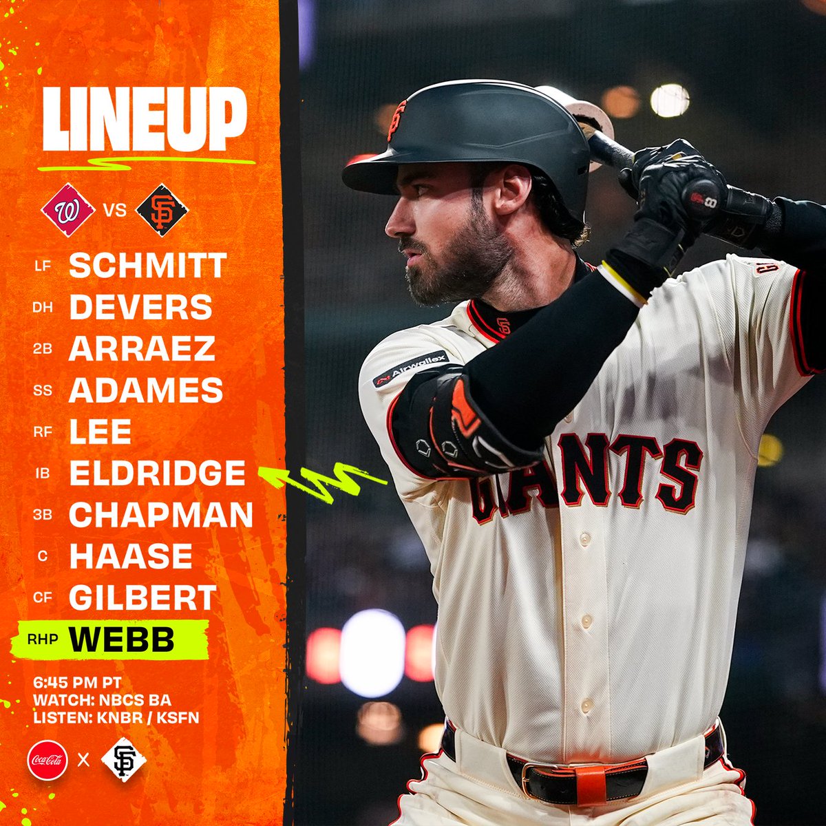SFGiants's tweet photo. Home sweet home 🏡

⌚️: 6:45 p.m. PT
📍: @OracleParkSF
📺: @NBCSGiants
📻: @KNBR | KSFN

#SFGiants | @CocaCola https://t.co/QKYTPrUKOr