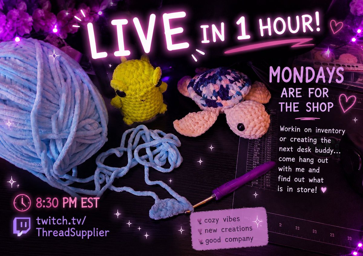 HookerAddicT7's tweet photo. ✨ LIVE IN 1 HOUR ✨

Mondays are for the shop 💜

Inventory? New desk buddy?
Maybe both 👀

Come hang out and see what ends up on the hook tonight.

🧶 8:30 PM EST
🎮 https://t.co/5Pgn5aY3HD

#amigurumi #handmade #etsyshop #smallbusiness #crocheter #crafting #threadsupplier https://t.co/vDRvORKC63