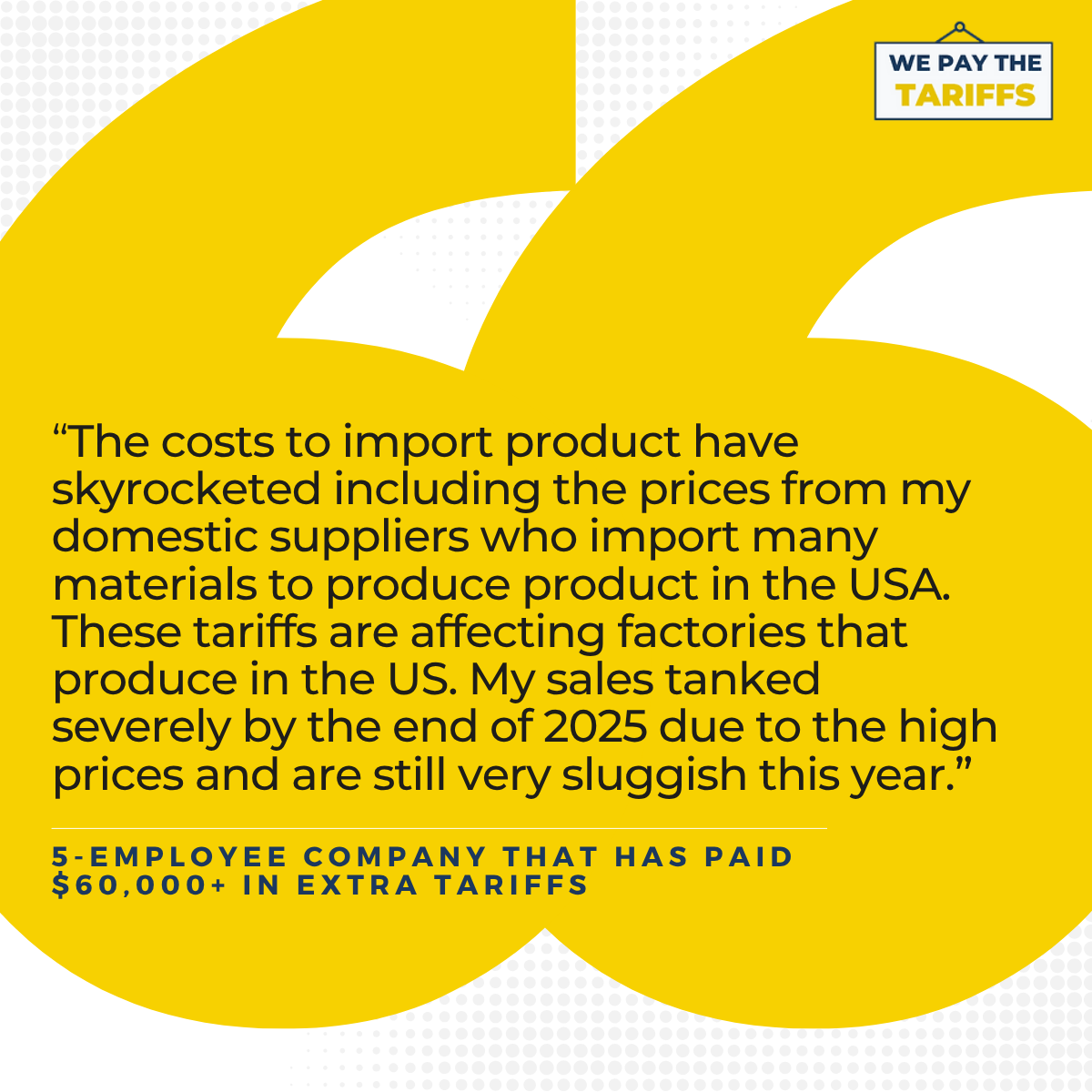 WePayTheTariffs's tweet photo. "The costs to import product have skyrocketed."
A 5-employee business says tariffs raised costs from both imported goods and U.S. suppliers that rely on imported materials. After paying $60,000+ in tariffs, sales dropped sharply.

American-made isn't tariff-proof. https://t.co/9pOgOJq62g
