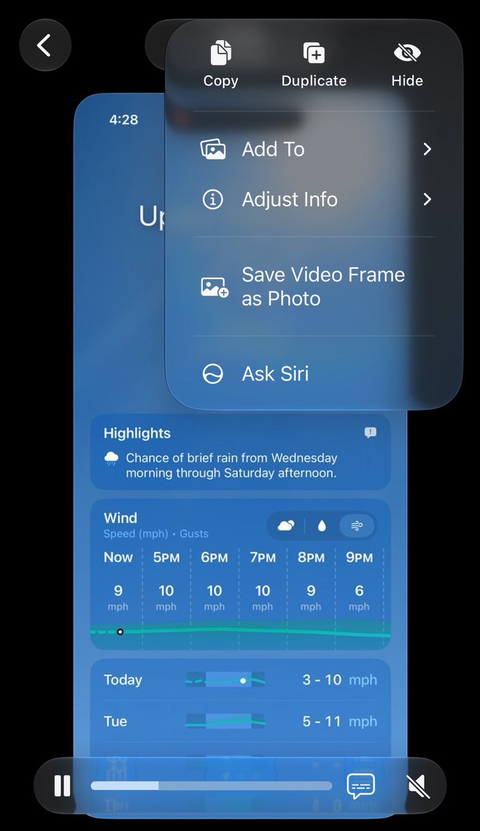 aaronp613's tweet photo. New in iOS 27: Save video frame as photo

When viewing a video you can now tap the three dots and save the video frame as a photo https://t.co/GBueaXRh3j