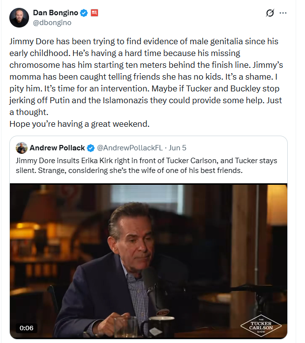 TroySeer's tweet photo. Wow! I'm special. I just went to respond to this teenage boy-like post and see I've been blocked. L'il ol' Cassandra who barely can make it to 800 followers on X ... 

I don't know what happened to Dan Bongino. Like with many of these folks, I really did used to like him.

There must have been something really traumatic that happened at his extremely short run at the FBI for him to devolve into an unhinged looney tune. Maybe they did a number on his brain. Chemicals? Drugs? Threats?  Really defies imagination to think Bongino was the Deputy Director of the Federal Bureau of Investigation when you see juvenile posts like this (he is tweeting about another's "male genitalia").

The guy folded like a wet taco at the FBI.

What a disappointment. And the guy didn't even last a year in the job.

#DanBongino #TrumpFailures