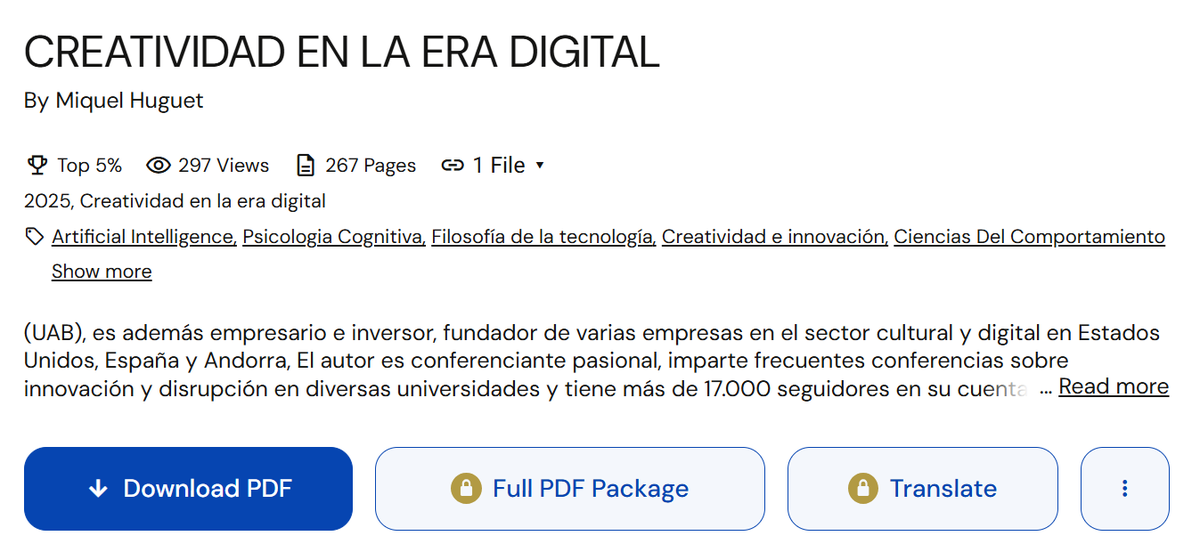 ElHuguet's tweet photo. He publicado en abierto mi libro Creatividad en la Era Digital.
267 páginas sobre IA, creatividad e innovación.
Gratis. Sin trampa.
Porque si algo he aprendido es que el conocimiento que no circula, no existe.
#Creatividad #InteligenciaArtificial #Innovación #LibroGratis https://t.co/aDHKaqVzgL