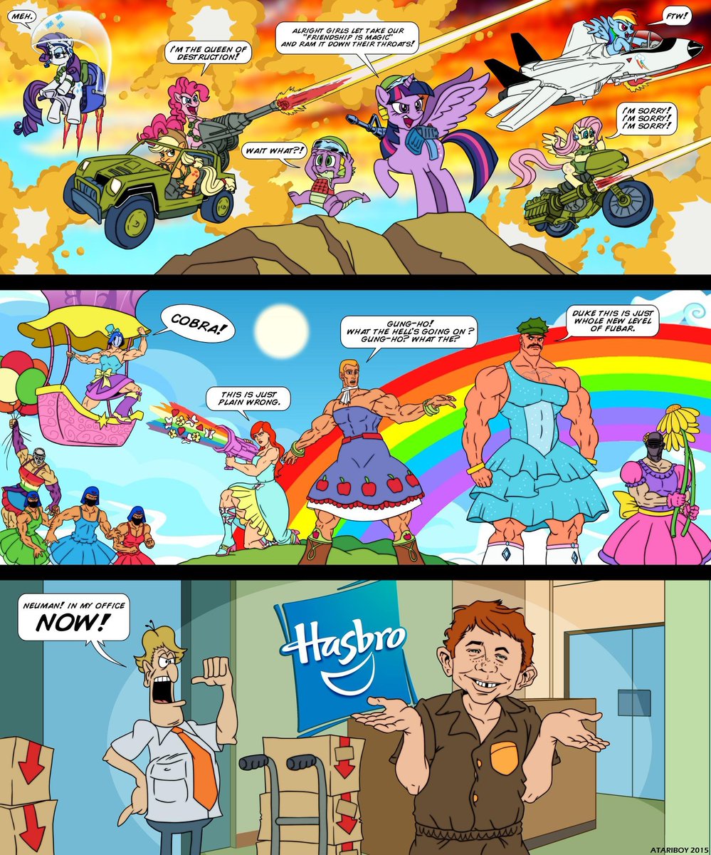 Atariboy1's tweet photo. REUPLOADED:

Hasbro's Delivery Intern.  

Hummmmm....

I got nothing.  

#mlpg4 #twilightsparke #spikethedragon #pikiepie #rainbowdash #applejack #fluttershy #rarity #madagazine #hasbro #gijoe #duke #snakeeye #gunho #ladyjaye #cobracommander #deathstro #alfred_e_neuman https://t.co/fempihqy1P