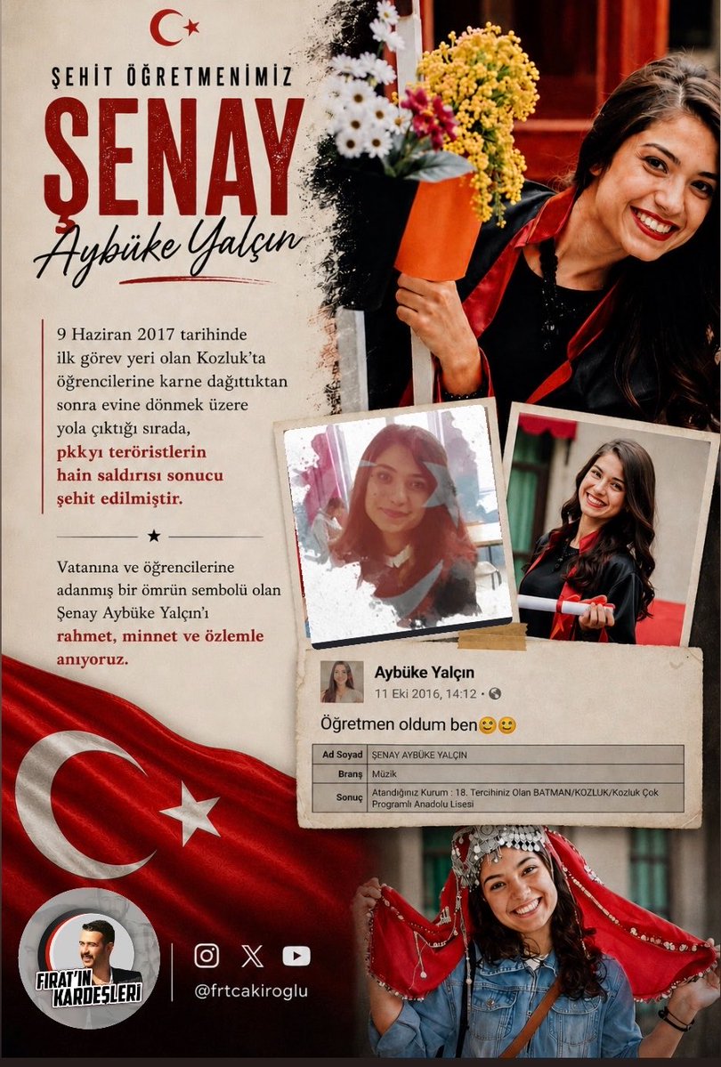FrtCakiroglu's tweet photo. Şehit Öğretmenimiz Şenay Aybüke Yalçın, 9 Haziran 2017 tarihinde ilk görev yeri olan Kozluk’ta öğrencilerine karne dağıttıktan sonra evine dönmek üzere yola çıktığı sırada, pkk’lı teröristlerin hain saldırısı sonucu şehit edilmiştir.

Vatanına ve öğrencilerine adanmış bir ömrün sembolü olan Şenay Aybüke Yalçın’ı rahmet, minnet ve özlemle anıyoruz.

Ruhu şad, mekânı cennet olsun.

Unutmayacağız…

#ŞenayAybükeYalçın
#AybükeYalçın