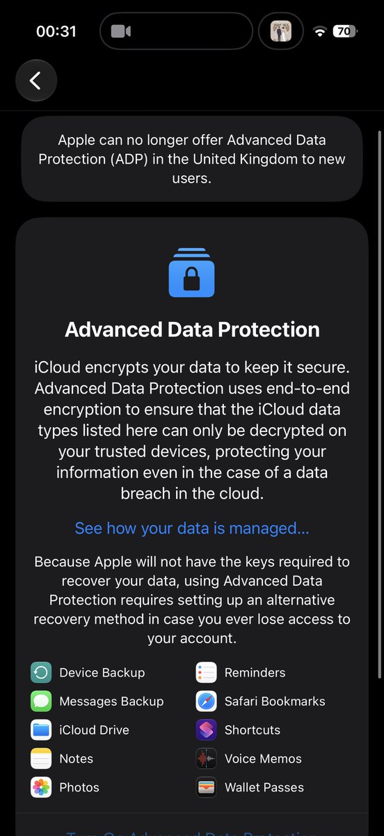 Marcusman1411's tweet photo. This is Absolutely outrageous.

I think Apple’s advance data protection is a very powerful tool. Yet the UK Government blocked it as they demanded for access to our data.

Repeal this @UKParliament NOW.

@RestoreBritain will Restore your right to privacy. https://t.co/rtPjbvkRwc