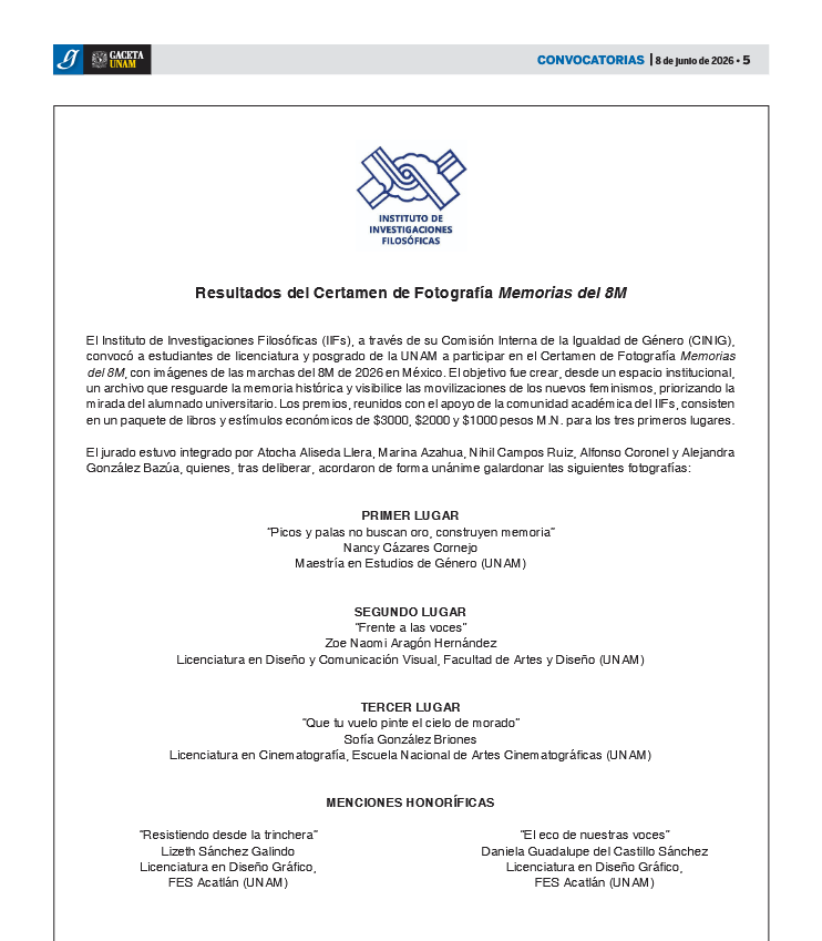 UNAM_IIFs's tweet photo. Ceremonia de premiación e inauguración de la exposición de las obras de las participantes.

Certamen de Fotografía
“Memorias del 8M”

12 de junio, 2026 • 10 am, vestíbulo sur, escaleras del 2° piso del @UNAM_IIFs https://t.co/XXVJ5Z7KRU