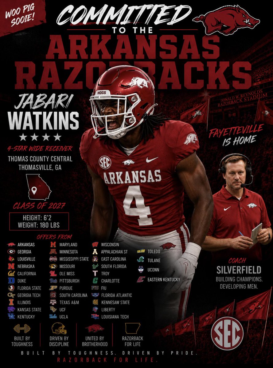 Trae22Bailey's tweet photo. 🚨 BOOM! SECOND COMMITMENT OF THE DAY 🚨🐗

4⭐️ WR @jabariwatkins18 (Thomas County Central / Thomasville, GA) has committed to Arkansas!

📏 6’2” | 180 LBS
⭐️ Rated 4-star by 247Sports
📅 Class of 2027

Watkins picked the Hogs over Georgia, Florida State, Texas A&M, Ole Miss, UCLA, Wisconsin, Nebraska, Louisville & many more.

The Razorbacks are LOADING UP. 🔥 #WPS #ArkansasRazorbacks #WooPigSooie