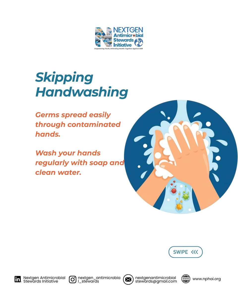 nextgen_nasi's tweet photo. Many infections spread through everyday habits we overlook.

Skipping handwashing, self-medicating, and unsafe food handling can put you and others at risk.

Small changes make a big difference. Healthy habits protect lives. 

#InfectionPrevention  #DiseasePrevention #AMR #NPHAI https://t.co/SEwvc1NhLv